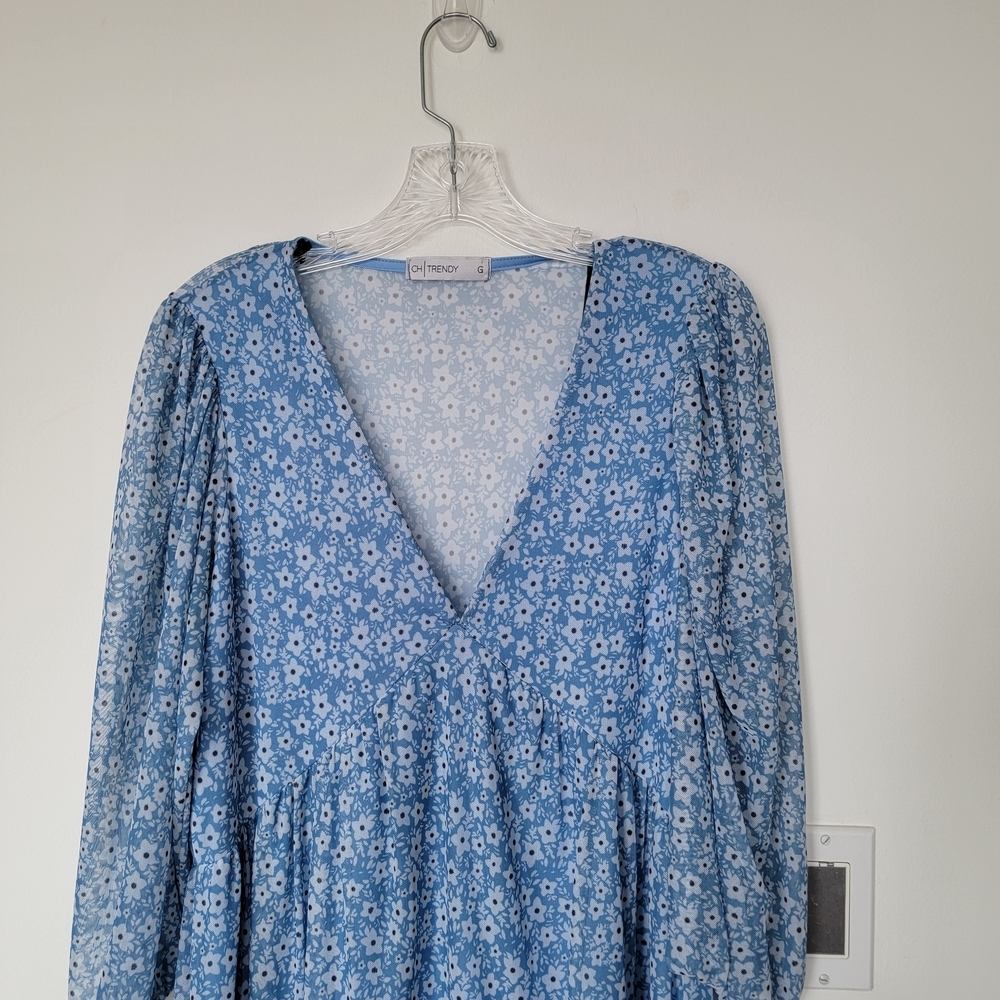 Vintage Y2K Parisian Cruise Wear Blue Floral Mesh Long Sleeve Mini Dress Large - Picture 3 of 9